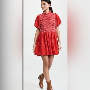 NEW Free People Gum Drop Boho  Velour Open Back Mini Dress Tangerine red M